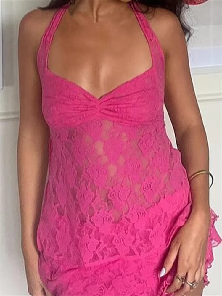 Lace Halter Tie-Up Sleeveless Mini Vests Summer Casual Slim Fit Off Shoulder Camis Streetwear Crop Tops