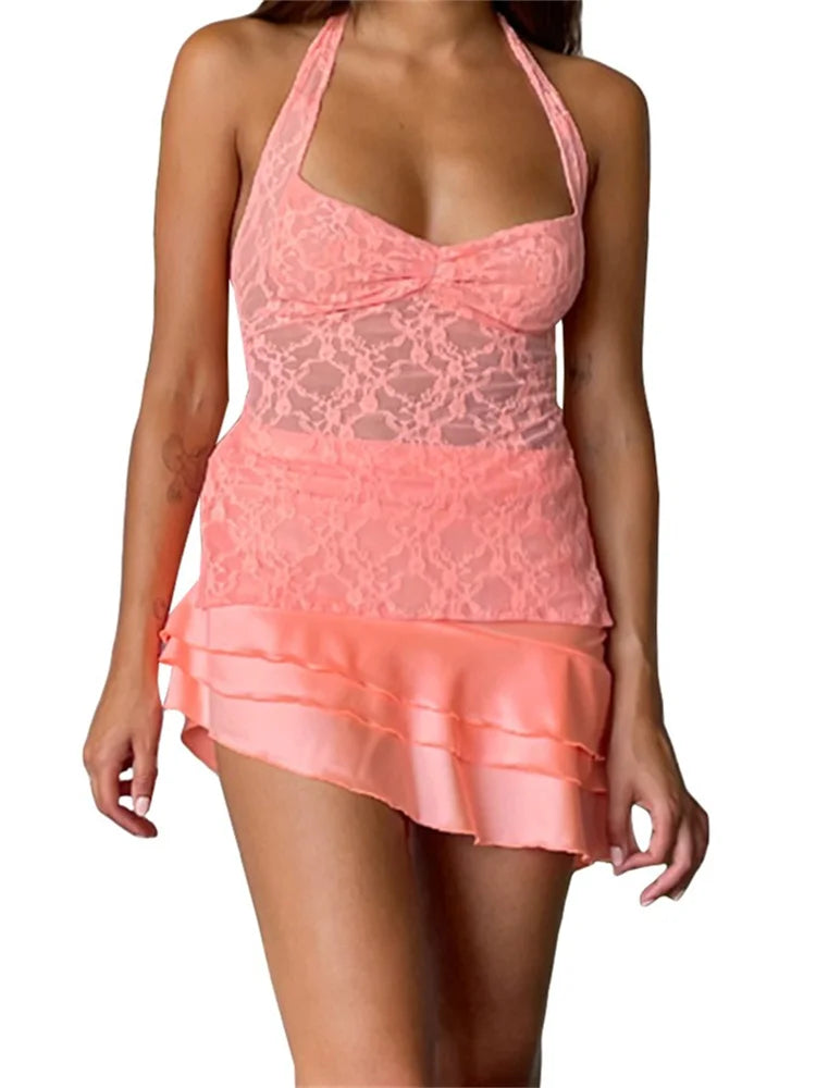 Lace Halter Tie-Up Sleeveless Mini Vests Summer Casual Slim Fit Off Shoulder Camis Streetwear Crop Tops