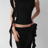 3D Flower Mesh Sheer Ruffles Tassels See Through Sleeveless Spaghetti Strap Camis Y2K Clothes Crop Tops