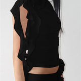 3D Flower Mesh Sheer Ruffles Tassels See Through Sleeveless Spaghetti Strap Camis Y2K Clothes Crop Tops