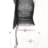 3D Flower Mesh Sheer Ruffles Tassels See Through Sleeveless Spaghetti Strap Camis Y2K Clothes Crop Tops