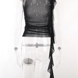 3D Flower Mesh Sheer Ruffles Tassels See Through Sleeveless Spaghetti Strap Camis Y2K Clothes Crop Tops