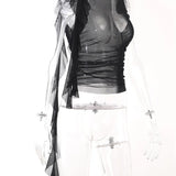 3D Flower Mesh Sheer Ruffles Tassels See Through Sleeveless Spaghetti Strap Camis Y2K Clothes Crop Tops