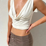 Backless Vest Summer  Sleeveless Deep V-neck Low Cut Ruched Tank Party Club Casual Tank Crop Tops
