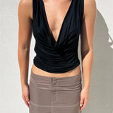 Backless Vest Summer  Sleeveless Deep V-neck Low Cut Ruched Tank Party Club Casual Tank Crop Tops