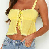 Basic Ruffles Lace Trim Casual Sleeveless Strap Tie-up Tank Streetwear Clubwear  Crop Tops
