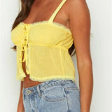 Basic Ruffles Lace Trim Casual Sleeveless Strap Tie-up Tank Streetwear Clubwear  Crop Tops