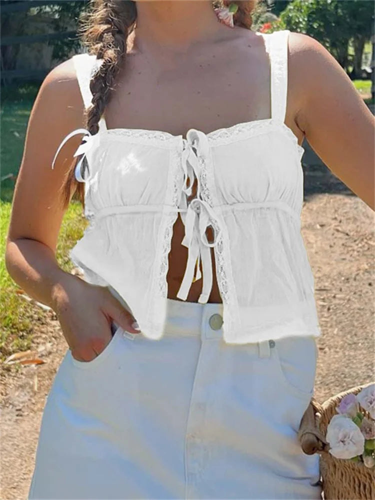 Basic Ruffles Lace Trim Casual Sleeveless Strap Tie-up Tank Streetwear Clubwear  Crop Tops
