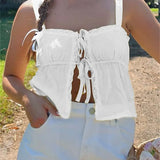 Basic Ruffles Lace Trim Casual Sleeveless Strap Tie-up Tank Streetwear Clubwear  Crop Tops