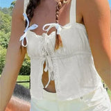 Basic Ruffles Lace Trim Casual Sleeveless Strap Tie-up Tank Streetwear Clubwear  Crop Tops