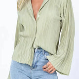 Women's Button Down Solid Color Pleated V-neck Long Sleeve Loose Cardigan Streetwear Blouse