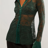 Women's Button Down Mesh See Through Patchwork Turn-Down Collar Long Sleeve Casual Blouse
