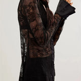 Women's Button Down Mesh See Through Patchwork Turn-Down Collar Long Sleeve Casual Blouse