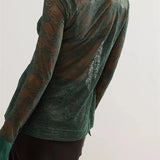 Women's Button Down Mesh See Through Patchwork Turn-Down Collar Long Sleeve Casual Blouse