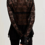 Women's Button Down Mesh See Through Patchwork Turn-Down Collar Long Sleeve Casual Blouse