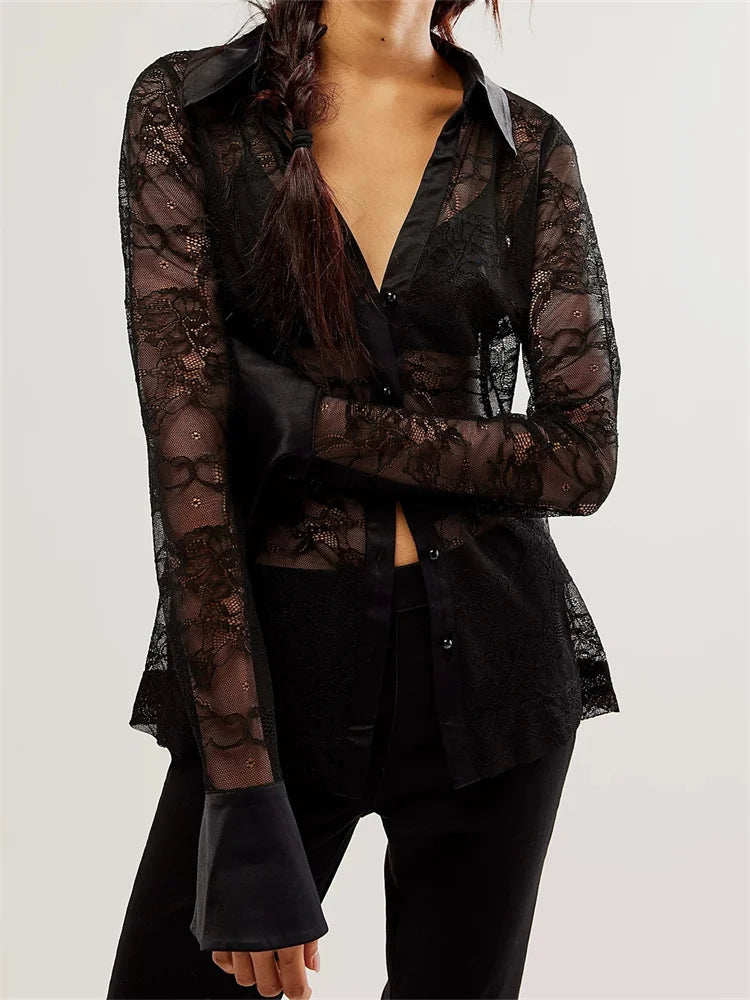 Women's Button Down Mesh See Through Patchwork Turn-Down Collar Long Sleeve Casual Blouse