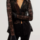 Women's Button Down Mesh See Through Patchwork Turn-Down Collar Long Sleeve Casual Blouse