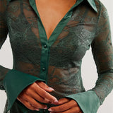 Women's Button Down Mesh See Through Patchwork Turn-Down Collar Long Sleeve Casual Blouse