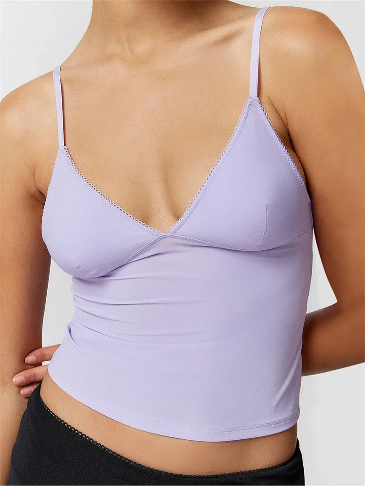 Solid Color V-Neck Summer Backless Spaghetti Strap Sleeveless Mini Vest Streetwear  Crop Tops
