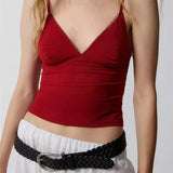 Solid Color V-Neck Summer Backless Spaghetti Strap Sleeveless Mini Vest Streetwear  Crop Tops