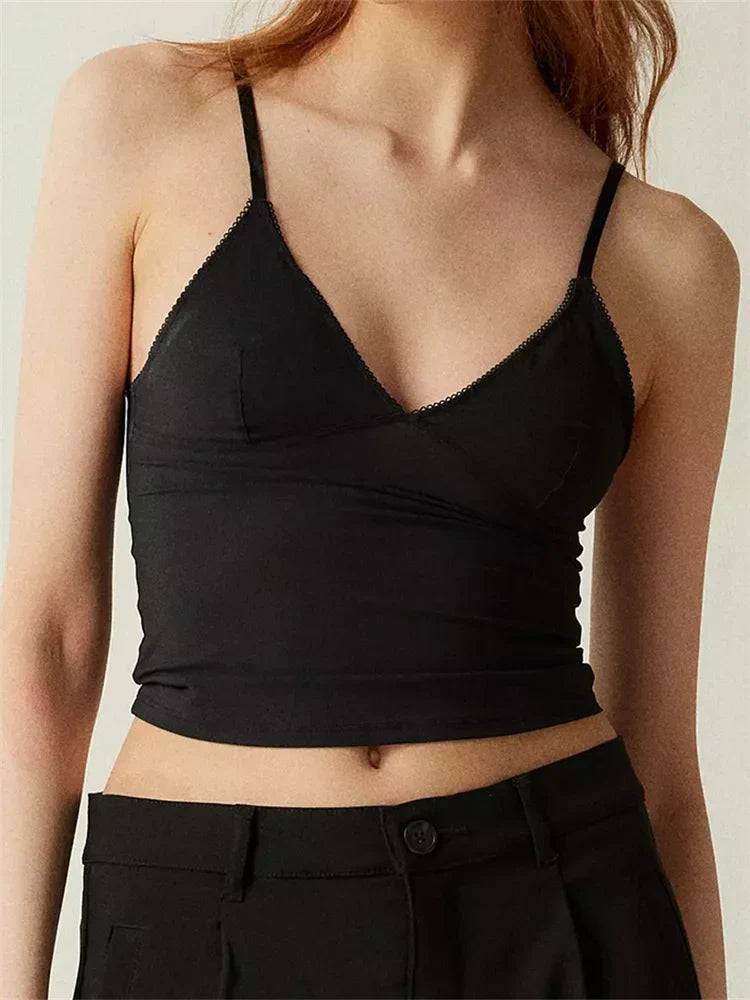 Solid Color V-Neck Summer Backless Spaghetti Strap Sleeveless Mini Vest Streetwear  Crop Tops