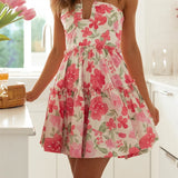 Floral Print Sleeveless Sling Summer Halter Backless Mini Dress