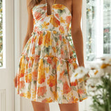 Floral Print Sleeveless Sling Summer Halter Backless Mini Dress