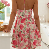 Floral Print Sleeveless Sling Summer Halter Backless Mini Dress