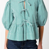 Women's Front Split Bowknot Tie-up Short Puff Sleeve Round Neck Loose Ruffles Blouse