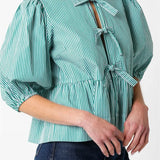 Women's Front Split Bowknot Tie-up Short Puff Sleeve Round Neck Loose Ruffles Blouse