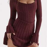Knitted Ribbed Long Flare Sleeve Turtleneck Mini Dress