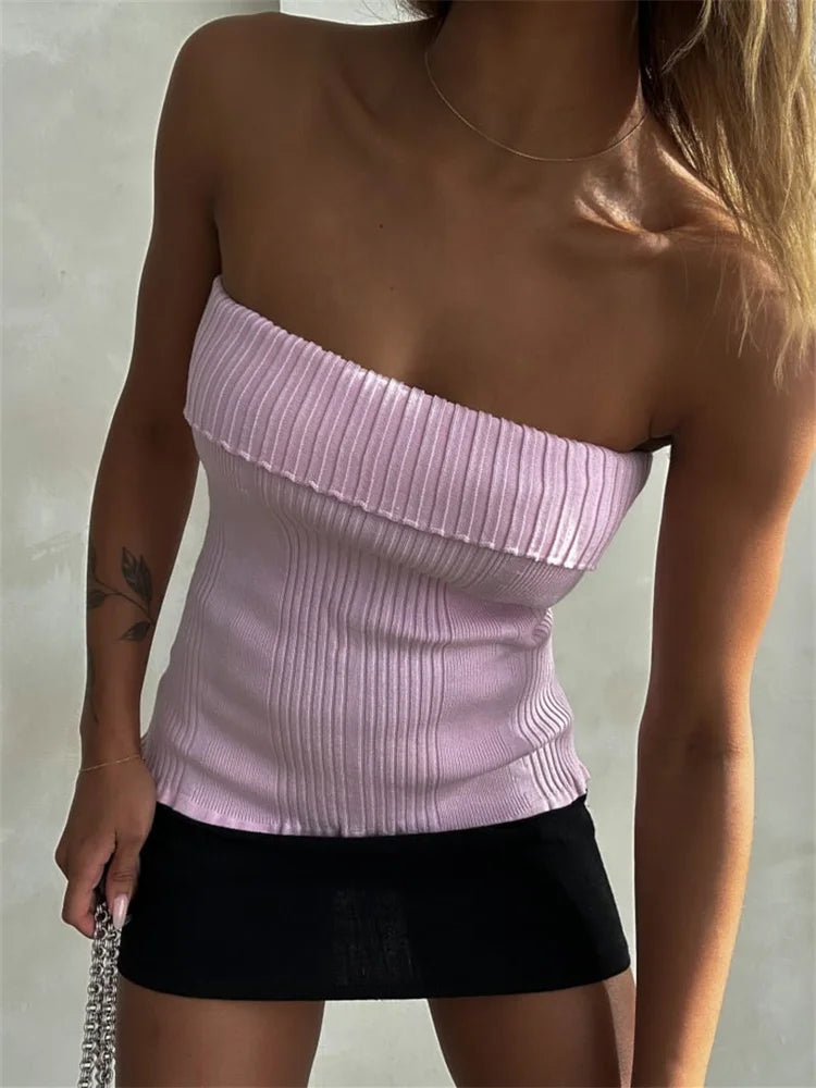 Knitted Ribbed Solid Summer Casual Sleeveless Backless Off Shoulder Vests Club Streetwear Crop Tops