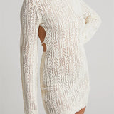 Knitted Long Sleeve Backless Tie-up Solid Mini Dress