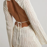 Knitted Long Sleeve Backless Tie-up Solid Mini Dress