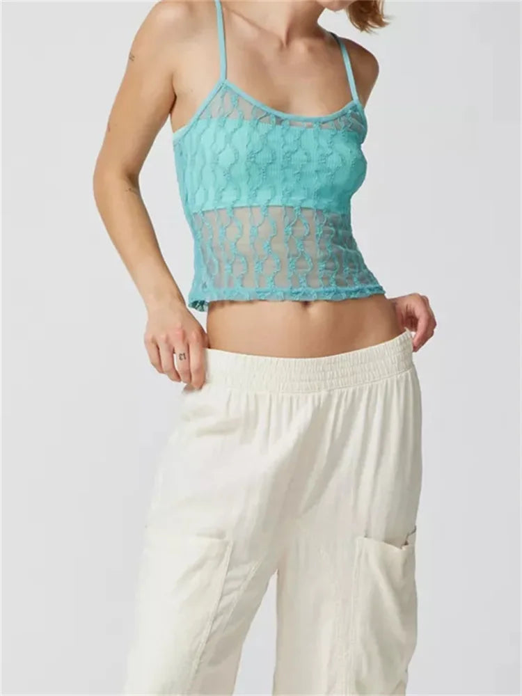 Mesh Sheer Camis Slim Lace Embroidery See Through Square Neck Sleeveless Solid Short Vest for Summer  Crop Tops