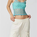 Mesh Sheer Camis Slim Lace Embroidery See Through Square Neck Sleeveless Solid Short Vest for Summer  Crop Tops