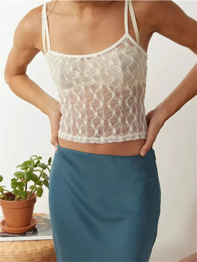 Mesh Sheer Camis Slim Lace Embroidery See Through Square Neck Sleeveless Solid Short Vest for Summer  Crop Tops