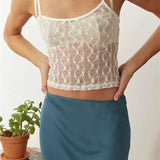 Mesh Sheer Camis Slim Lace Embroidery See Through Square Neck Sleeveless Solid Short Vest for Summer  Crop Tops