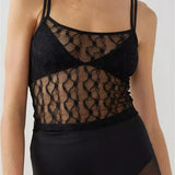 Mesh Sheer Camis Slim Lace Embroidery See Through Square Neck Sleeveless Solid Short Vest for Summer  Crop Tops