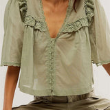 Women's Lace Patchwork Short Sleeve Summer Loose Casual Crop Tops Streetwear Blouse