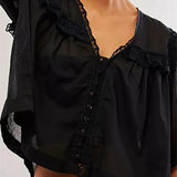 Women's Lace Patchwork Short Sleeve Summer Loose Casual Crop Tops Streetwear Blouse