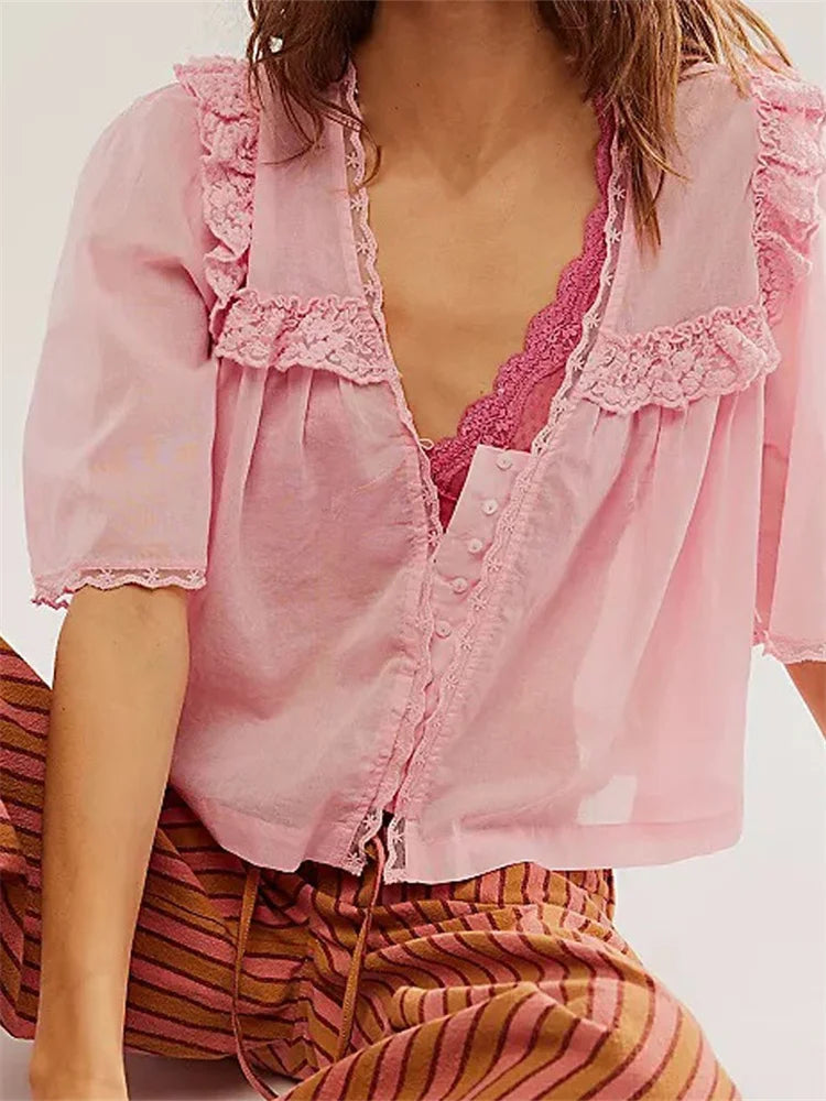 Women's Lace Patchwork Short Sleeve Summer Loose Casual Crop Tops Streetwear Blouse