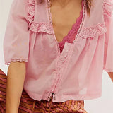 Women's Lace Patchwork Short Sleeve Summer Loose Casual Crop Tops Streetwear Blouse