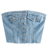 Sexy Tube Sleeveless Buttons Up Bustiers Corsets Denim Off Shoulder Cropped Tank Mini Vest  Crop Tops