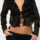 Women's Long Sleeve Front Split Lace Tops See-through Cropped Blouse