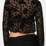 Women's Long Sleeve Front Split Lace Tops See-through Cropped Blouse