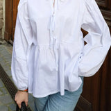 Women's Front Lace-up Sleeve Round Neck Loose Fit Casual Solid Blouse