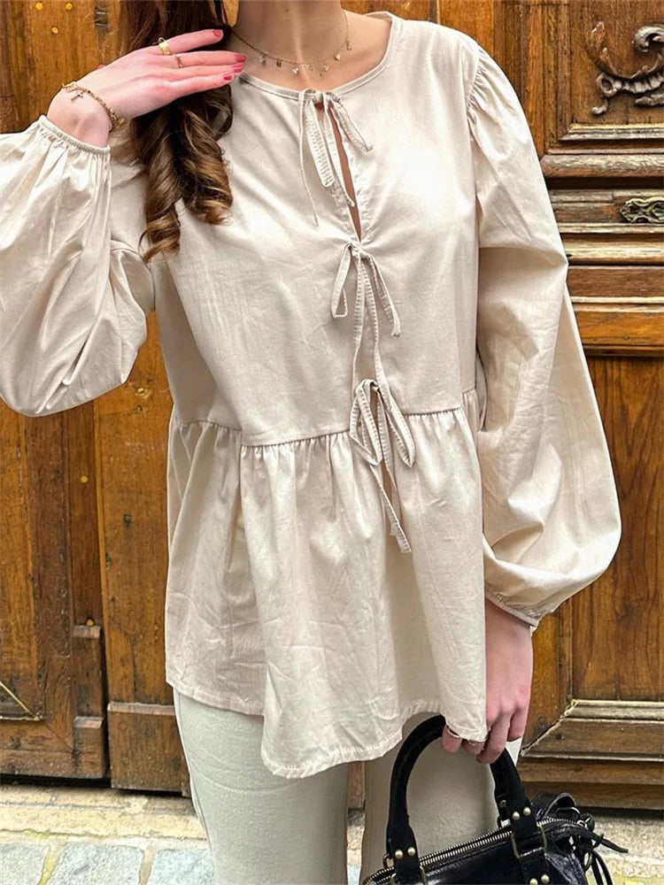 Women's Front Lace-up Sleeve Round Neck Loose Fit Casual Solid Blouse