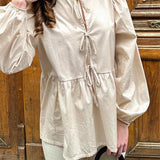Women's Front Lace-up Sleeve Round Neck Loose Fit Casual Solid Blouse