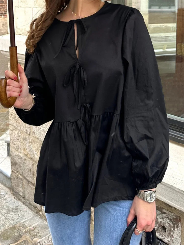 Women's Front Lace-up Sleeve Round Neck Loose Fit Casual Solid Blouse